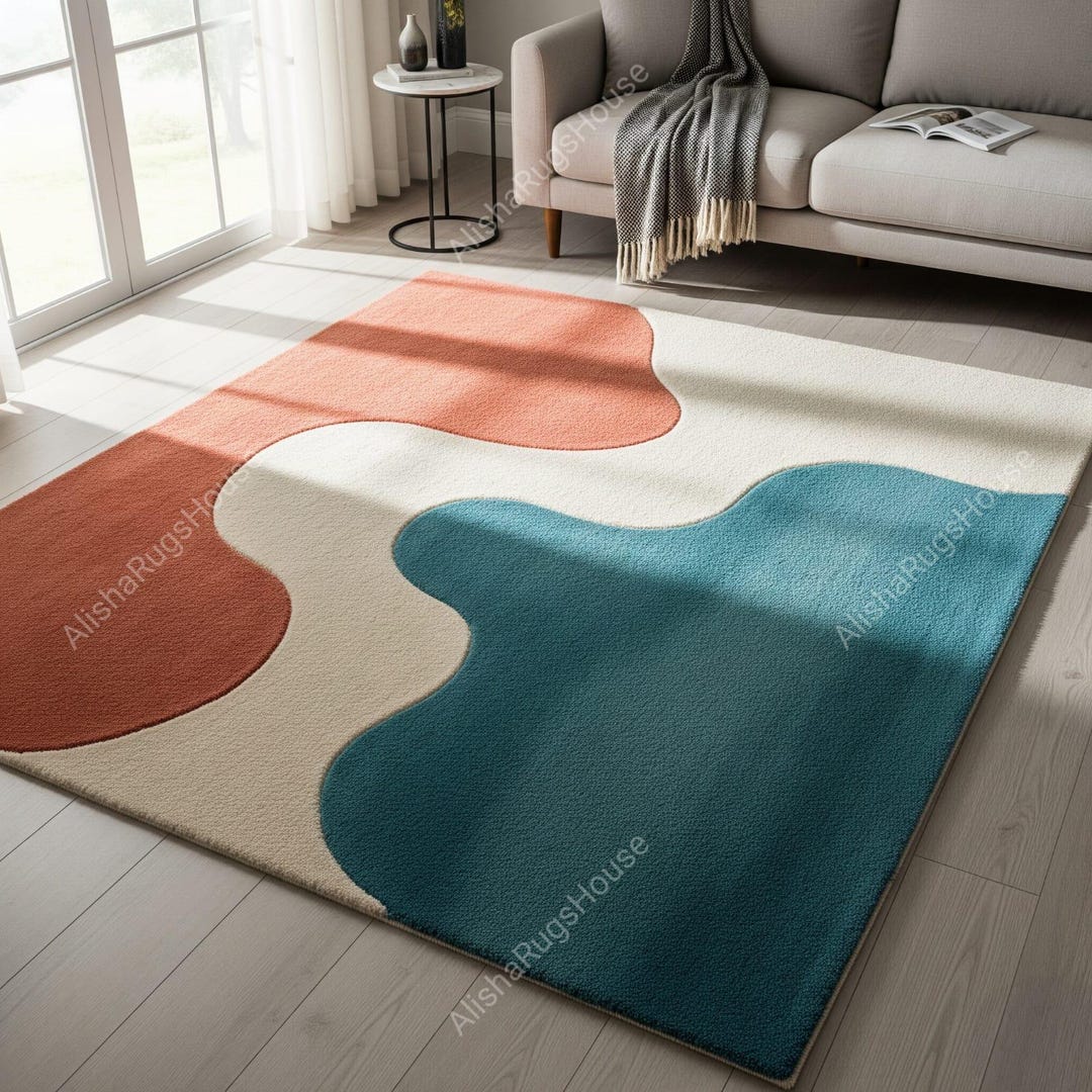 Ivory Terracotta Blue Abstract Hand Tufted Rug for Bedroom, Modern 8x10 ...