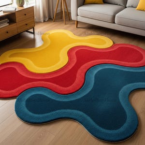 Yellow Red Blue Irregular Abstract Hand Tufted Amoeba Shape Wool Area Rugs for Bedroom, Modern Wavy Design Freeform Sculpted Living Room Rug