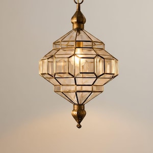 Luxury Moroccan Brass Geometric Pendant Light – Handmade Art Glass Lantern Chandelier | Boho Oriental Ceiling Lamp