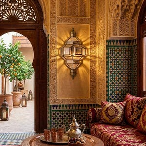 May include: An ornate interior with intricate carvings and warm lighting. A copper tray holds glasses, a teapot, and dates. A red patterned rug and sofa with decorative pillows add to the ambiance. A courtyard with trees is visible through an arched doorway.