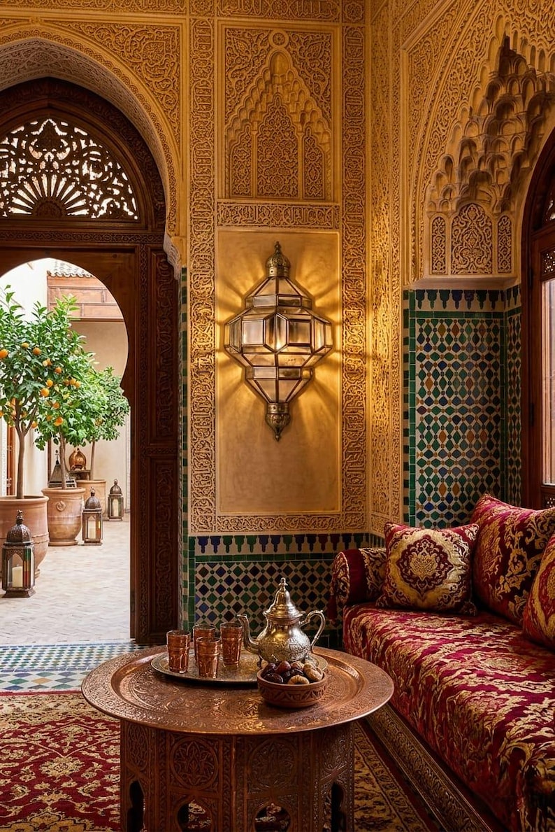 May include: An ornate interior with intricate carvings and warm lighting. A copper tray holds glasses, a teapot, and dates. A red patterned rug and sofa with decorative pillows add to the ambiance. A courtyard with trees is visible through an arched doorway.