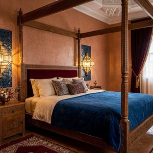 May include: A luxurious bedroom featuring a four-poster bed with a dark wood frame and a deep blue bedspread. The room has ornate wall sconces, a patterned rug, and burgundy curtains. The walls are painted in a warm, earthy tone.
