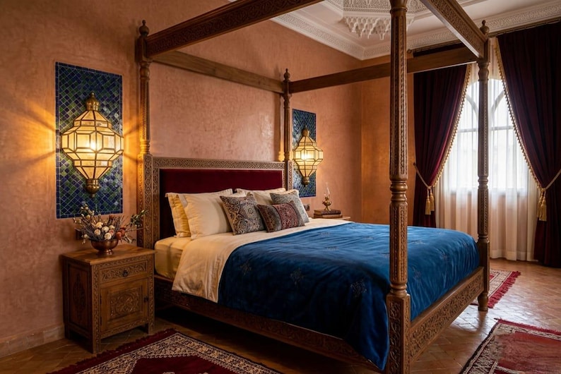 May include: A luxurious bedroom featuring a four-poster bed with a dark wood frame and a deep blue bedspread. The room has ornate wall sconces, a patterned rug, and burgundy curtains. The walls are painted in a warm, earthy tone.