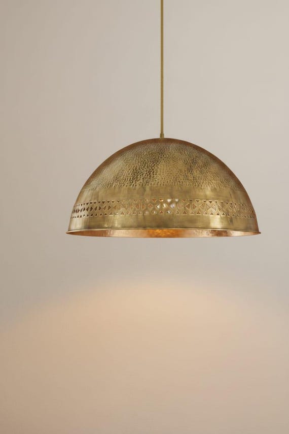 Moroccan Brass Pendant Light – Hand Hammered Dome Ceiling Lamp – Warm Ambient Lighting