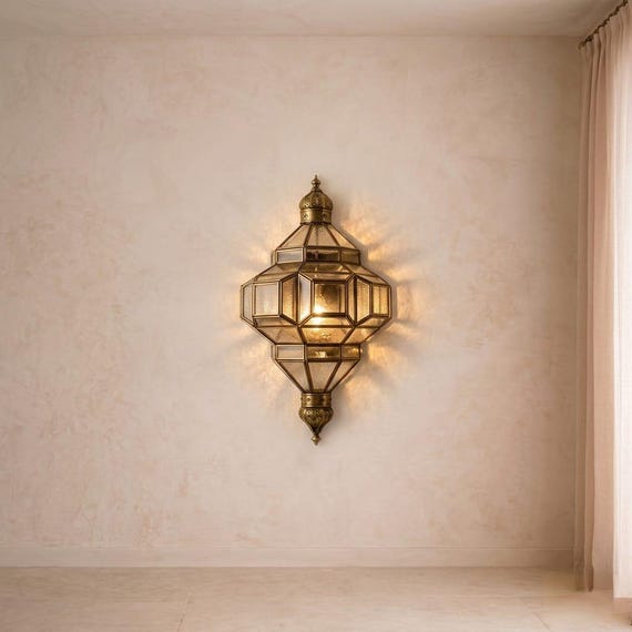 Handcrafted Moroccan Brass Sconce – Ornate Glass Hanging Lamp, Vintage Style Moorish Light