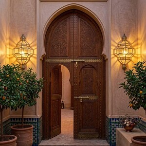 May include: Ornate, carved wooden door with brass hardware, partially open, revealing an interior space. Flanking the door are decorative wall sconces and potted citrus trees. The entrance is framed by a beige archway.