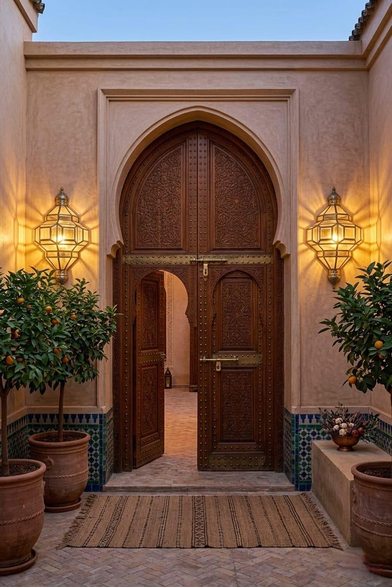 May include: Ornate, carved wooden door with brass hardware, partially open, revealing an interior space. Flanking the door are decorative wall sconces and potted citrus trees. The entrance is framed by a beige archway.