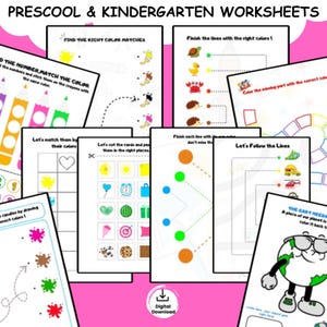 May include: A selection of preschool and kindergarten worksheets featuring various activities. The worksheets include tasks such as matching colours, completing lines, and colouring. The image also includes the text "Digital Download".