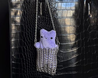 Mini Chainmail Purse Whimsy Charm with Purple Plush Toy – Metal Bag Pouch Kawaii Keychain