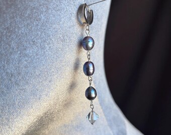 Dark Elegant Earrings Fairy Coquette Long with Blue Crystal Drops Real Freshwater Pearls