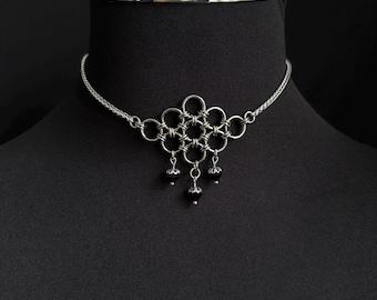 Gothic Alternative Boho Tribal Choker Medieval Chainmail Black Crystal Necklace