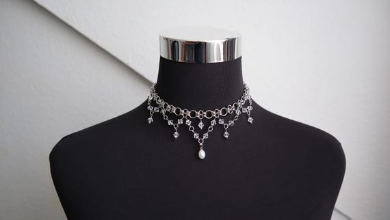 Gothic Pearl Choker Layered Necklace with Glass Crystals Freshwater Pearl Dark Elegant Jewelry
