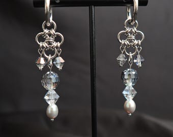 Gothic Earrings handmade with glass crystals freshwater pearls vintage fairy boho style