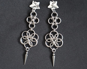 Gothic Chainmail Earrings with Spikes | Dark Silver Statement Jewelry