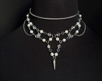 Pearl Crystal Layered Fairycore Choker Gothic Dark Romantic Fantasy Necklace