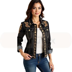 Embroidered Black Denim Jacket: Slim Fit Floral Button-Up