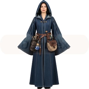 Fantasy Wizard Denim Robe with Vials & Wide Sleeves – Handmade Hooded Costume with Belt