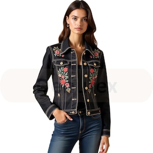 Geborduurd zwart spijkerjack: gotische bloemen, slim-fit pasvorm