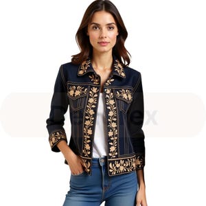 Urban Dark Blue Denim Jacket with Embroidery with Floral Stitch- Floral Embroidered Indigo Denim Jacket- Boho Denim Casual Jacket