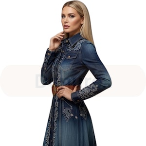 Embroidered Denim Maxi Dress: Boho Western Long Sleeve Jean Dress
