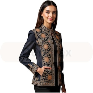 Embroidered Black Denim Jacket: Urban Tailored Fit, Ornamental Design