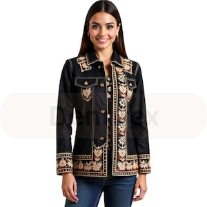 Embroidered Black Denim Jacket: Artisan Geometric Floral Streetwear