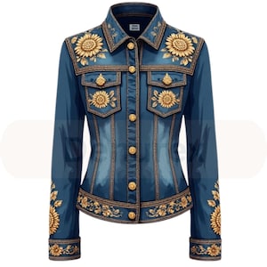 Designer Floral Embroidered Denim Coat- Luxe Blue Statement Denim Jacket with Metal Stitching- Bold Metal Embroidered Jean Jacket
