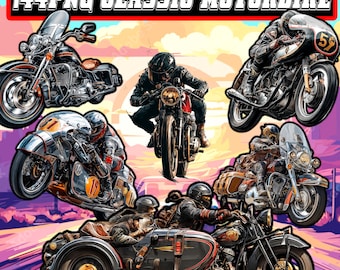Paquete PNG de motocicletas retro / Imágenes prediseñadas de motociclistas y bicicletas vintage