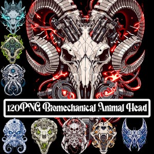 May include: Digital illustration of a biomechanical animal skull with intricate mechanical details and red energy lines. The image includes several other animal skull designs. Text on the image reads "120 PNG Biomechanical Animal Head".