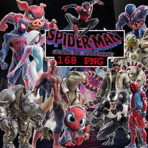 Puede incluir: Una imagen vibrante que muestra múltiples personajes de Spider-Man de "Across the Spider-Verse". La imagen incluye a Spider-Gwen, Spider-Ham y Miles Morales, junto con villanos. El texto "Spider-Man Across the Spider-Verse 168 PNG" es visible.