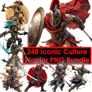 Könnte beinhalten: Ein digitales Kunstpaket mit Illustrationen von Kriegern aus verschiedenen Kulturen. Die Bilder zeigen detaillierte Rüstungen, Waffen und dynamische Posen. Der Text "248 Iconic Culture Warrior PNG Bundle" wird in einem roten Feld angezeigt.