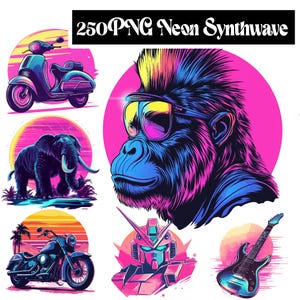 Paquete de imágenes PNG de estilo synthwave neón: imágenes prediseñadas retrofuturistas de los años 80 (250 PNG)