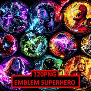 Puede incluir: Una colección de diseños de emblemas de superhéroes en formato circular. Los emblemas presentan varios personajes con colores vibrantes y efectos dinámicos. La imagen incluye el texto "120PNG EMBLEM SUPERHERO" en un rectángulo rojo.