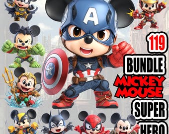 Paquete de 119 imágenes PNG de superhéroes Chibi Mouse y fondos para descarga instantánea