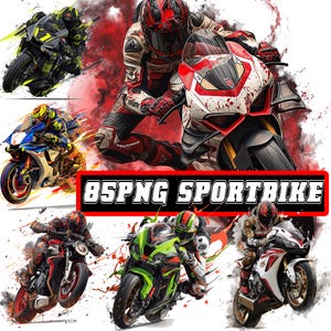Może przedstawiać: Artystyczny kolaż przedstawiający kilka motocykli sportowych w akcji. Obraz zawiera motocykle w różnych kolorach, takich jak czarny, zielony, czerwony i biały, z zawodnikami w pełnym stroju wyścigowym. Tekst "85PNG SPORTBIKE" jest wyświetlany na czerwonym banerze.