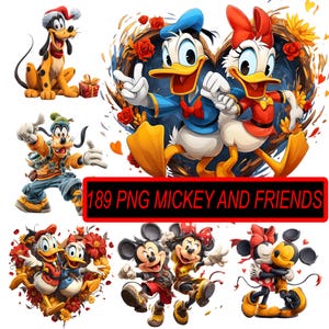 Puede incluir: Una colección de imágenes de dibujos animados coloridos con Mickey Mouse, Minnie Mouse, Donald Duck, Daisy Duck y Goofy. Pluto también se muestra con un gorro de Papá Noel. El texto "189 PNG MICKEY AND FRIENDS" se muestra en un cuadro rojo.