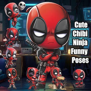 Puede incluir: Ilustración digital con múltiples personajes de Deadpool estilo chibi en varias poses. La figura principal es roja y negra, con una expresión seria. El texto a la derecha dice "Cute Chibi Ninja Funny Poses."