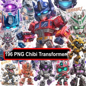 May include: A collection of colorful chibi-style Transformer characters. The image features various robots in dynamic poses, with a prominent red banner at the bottom that reads "196 PNG Chibi Transformer". The robots are in various colors, including red, blue, yellow, and gray.