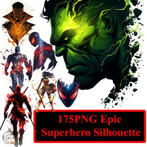 May include: A digital illustration of several superheroes, such as Captain America, Spider-Man, and Wonder Woman. The Hulk's green face is prominent on the right. The image includes the text "175PNG Epic Superhero Silhouette" in a red and black rectangle.