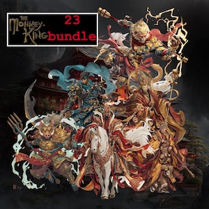 May include: A digital illustration featuring characters from the Monkey King story. The image includes a white banner with the text "The Monkey King 23 bundle". The artwork showcases several figures in detailed costumes, with a white horse and a variety of weapons.