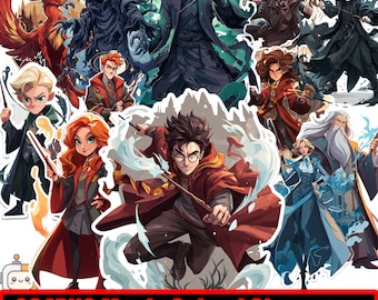 Pakiet postaci fantasy ze szkoły czarodziejów w formacie PNG | Magiczni uczniowie i profesorowie | Pobieranie cyfrowe