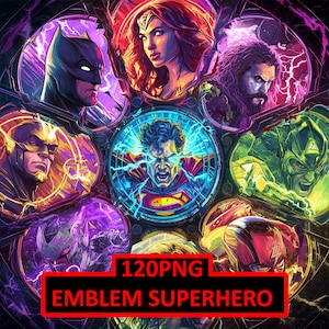 Puede incluir: Obra de arte digital circular con superhéroes de DC Comics, como Batman, Wonder Woman y Superman. La imagen tiene una paleta de colores vibrantes con una imagen central de Superman rodeada de otros héroes. El texto en la parte inferior dice "120PNG EMBLEM SUPERHERO."
