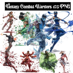 May include: A digital collection of fantasy combat warriors featuring various characters in dynamic poses. The image includes figures in blue, green, red, and metallic armor, with visual effects like ice, fire, and energy blasts. Text reads Fantasy Combat Warriors 475 PNG.