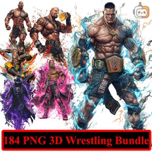 Puede incluir: Ilustración digital con varios luchadores musculosos en poses de acción. La imagen incluye varios luchadores con cinturones de campeonato y efectos de energía dinámica. El texto en la parte inferior dice "184 PNG 3D Wrestling Bundle."