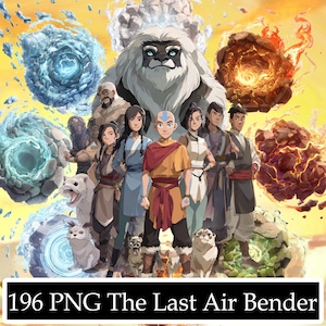 May include: Digital illustration featuring characters from "Avatar: The Last Airbender." The image showcases a group of individuals with various elemental powers, surrounded by swirling water, fire, and earth. The text "196 PNG The Last Air Bender" is at the bottom.