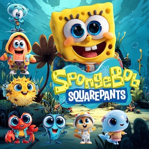 Lindo paquete de 8 personajes Chibi 3D de esponja: adorables imágenes PNG de alta calidad para niños y aficionados a las manualidades.