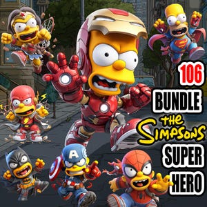 106x Chibi Homer Style Superhero PNG Bundle | Funny Yellow Guy Clipart + Backgrounds Instant Download