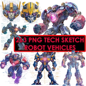 Könnte beinhalten: Digitale Illustration mit Roboterdesigns in Blau-, Gold- und Rottönen. Das Bild zeigt Roboterköpfe und Ganzkörperfiguren im Tech-Skizzenstil. Der Text auf dem Bild lautet "263 PNG TECH SKETCH ROBOT VEHICLES."