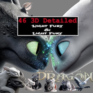 Könnte beinhalten: Bild mit einem schwarzen Night Fury Drachen und einem weißen Light Fury Drachen, mit dem Text "46 3D Detailed Night Fury & Light Fury". Mehrere kleine Drachenfiguren werden unter dem Hauptbild angezeigt.