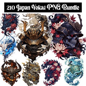 Peut inclure: Une collection numérique de 210 images PNG de Yokai japonais représentant diverses créatures mythiques, dont un casque de samouraï, un guerrier squelette avec des feuilles d'érable rouges, un dragon, un taureau enflammé et une tortue marine.